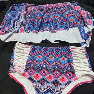 NEW Women's 2 Piece Bikini Miss Adola Pink Blue & White Swimsuit Size Large
